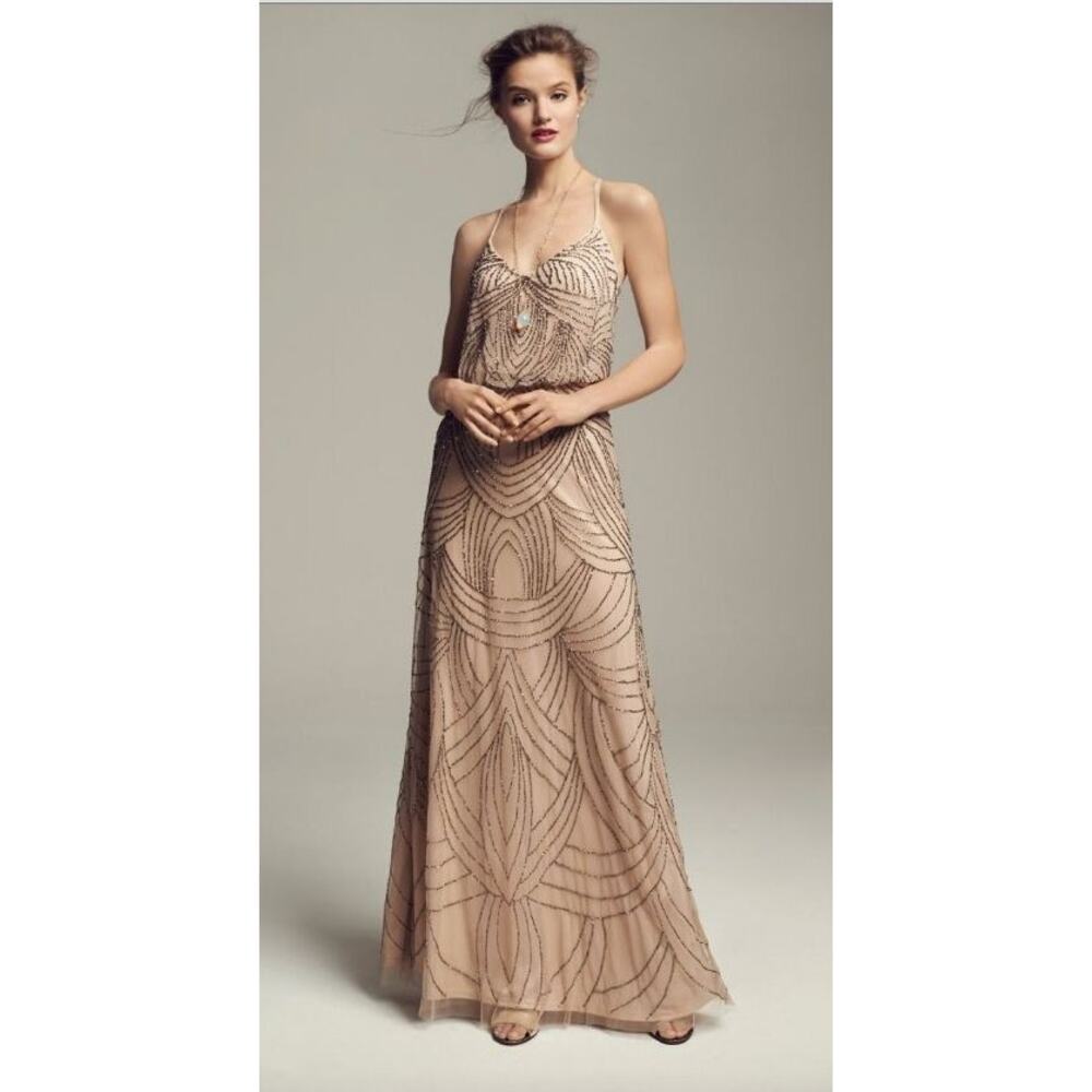 Adrianna Papell Beaded Maxi Dress‎ Nude Champagne Formal Gown New w/ Defects